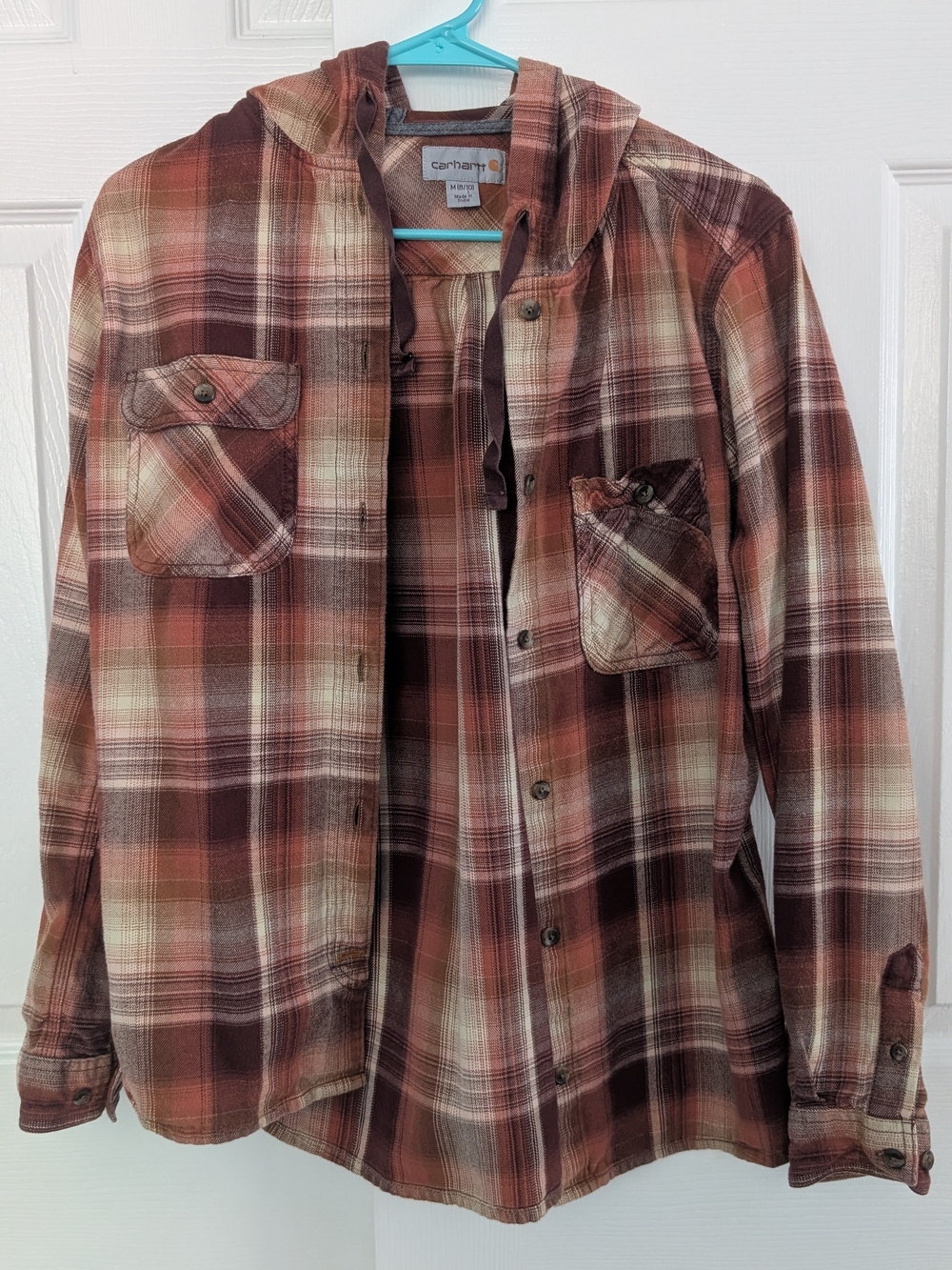 Carhartt Womens Plaid Hooded Shirt Jacket in Rust and Cream